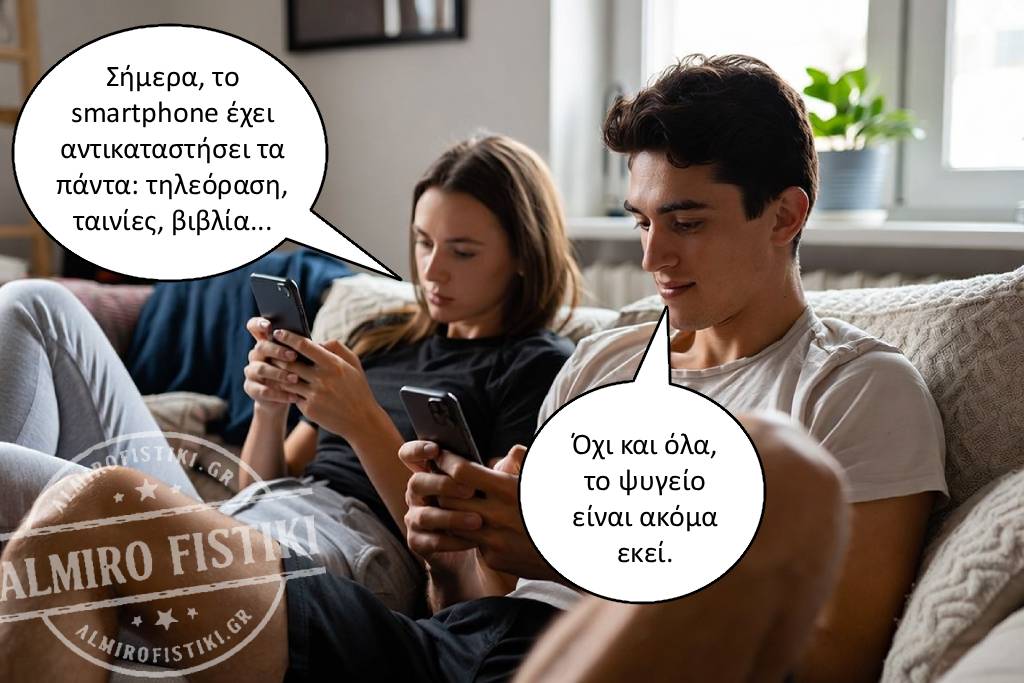 Ζευγάρι στον καναπέ κοιτά smartphones — το ψυγείο επιβιώνει της τεχνολογικής επανάστασης!