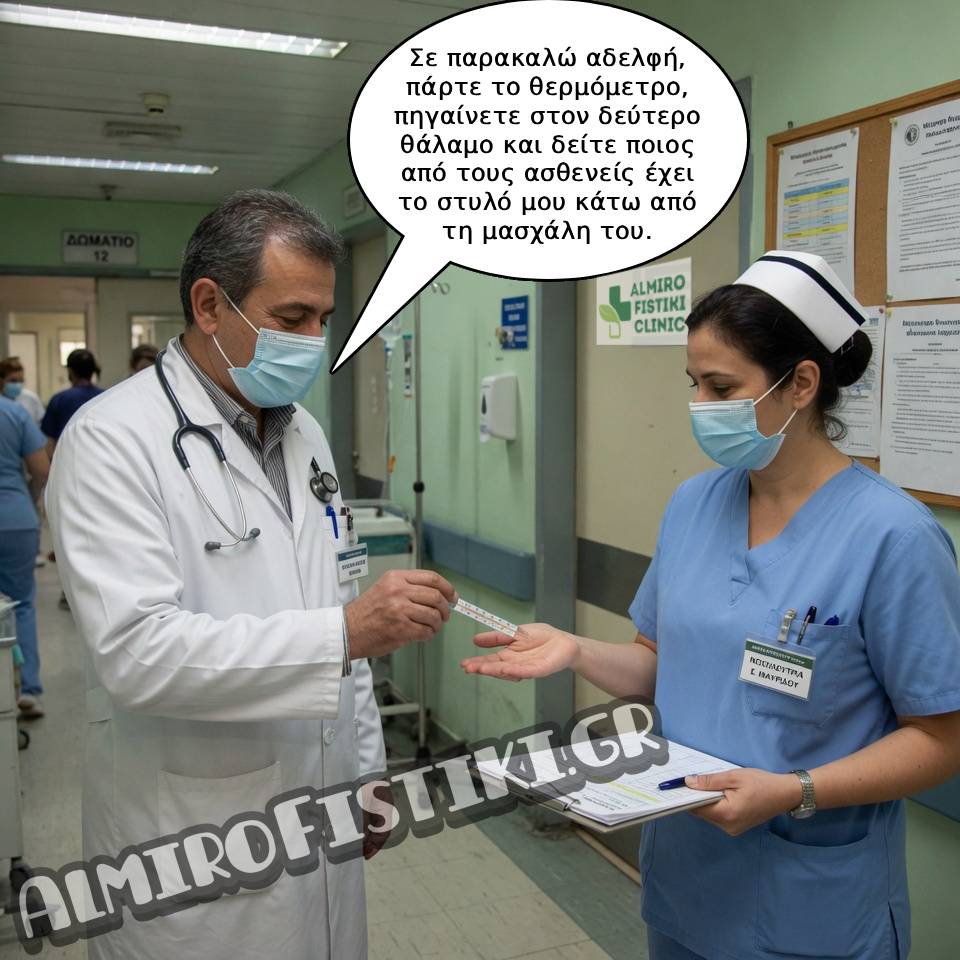Γιατρός ζητά από νοσηλεύτρια να βρει ποιος ασθενής έχει το "στυλό" του κάτω από τη μασχάλη!