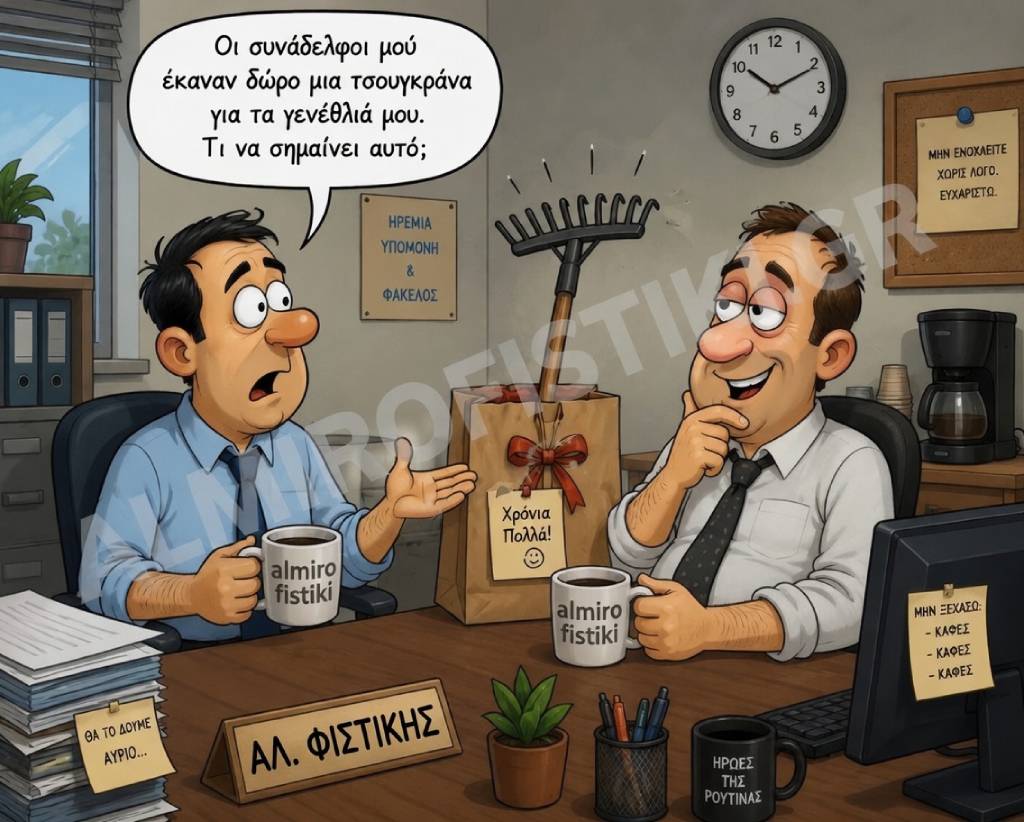 Υπάλληλος μπερδεμένος με δώρο-τσουγκράνα γενεθλίων από συναδέλφους — το μήνυμα είναι προφανές σε όλους εκτός από αυτόν.