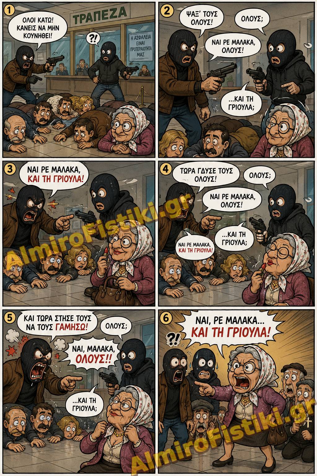 Ένα κόμικ όπου ένας ληστής τραπεζών επιμένει να συμπεριλάβει τη γριούλα σε κάθε παράλογη εντολή του, καταλήγοντας σε μια απρόσμενη ανατροπή.