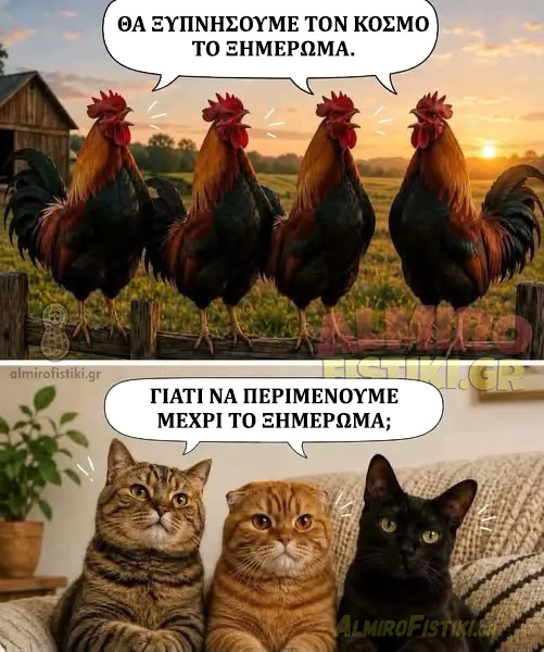 Κόκορες υπόσχονται να ξυπνήσουν τον κόσμο το ξημέρωμα — οι γάτες έχουν άλλη ιδέα: γιατί να περιμένουν;