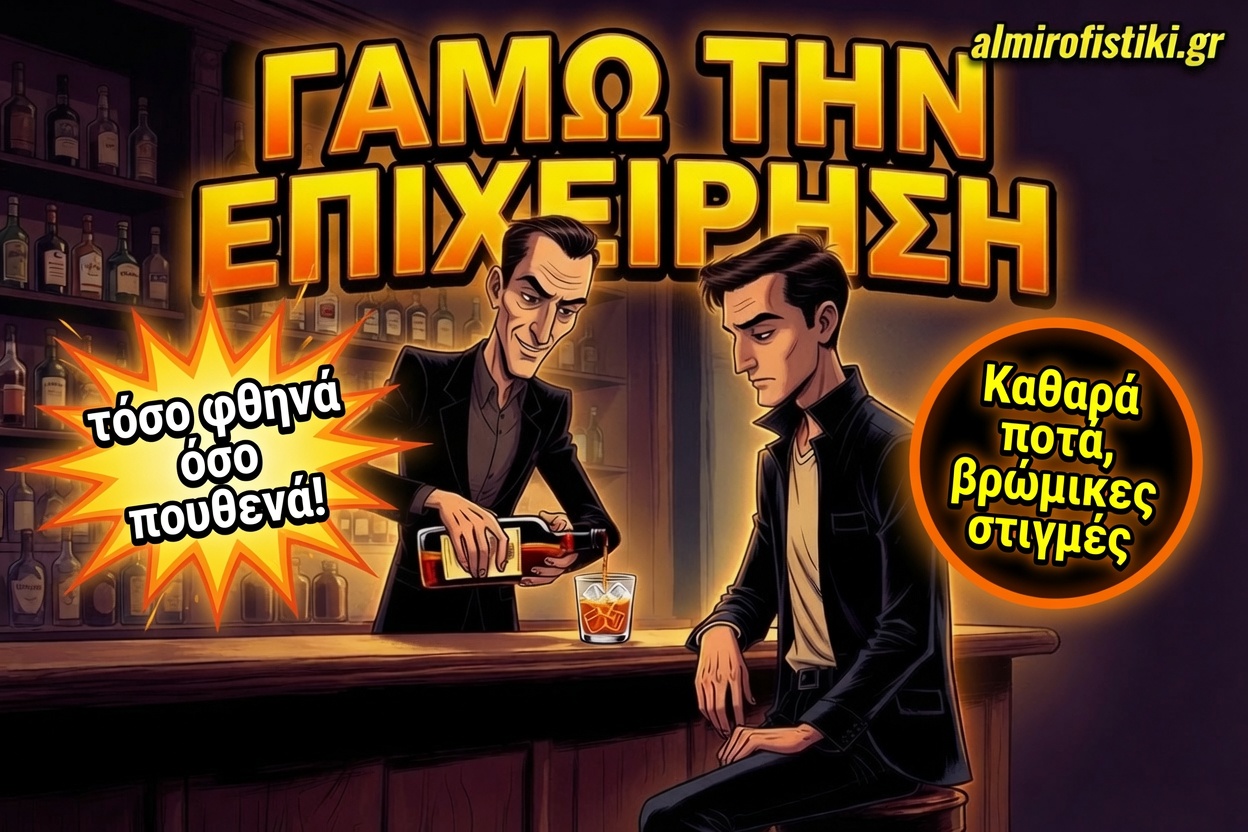 Μπάρμαν χύνει ποτό σε πελάτη με σλόγκαν "Γαμώ την Επιχείρηση" — τόσο φθηνά που σε κάνει να ξεχάσεις τα προβλήματά σου!