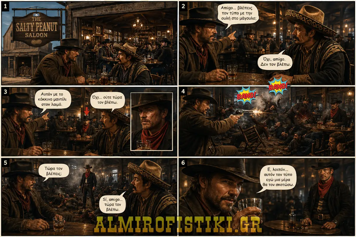 Ένας καουμπόι καθαρίζει το μισό σαλούν για να δείξει στον φίλο του τον στόχο του, αποδεικνύοντας ότι η υπομονή έχει όρια.