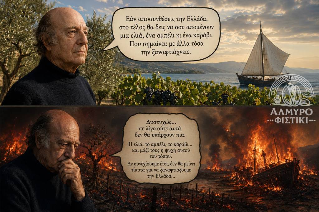 Ο Ελύτης «θρηνεί» τη διάλυση της Ελλάδας, μετατρέποντας το αισιόδοξο ποίημά του σε πικρή σάτιρα για την περιβαλλοντική καταστροφή.
