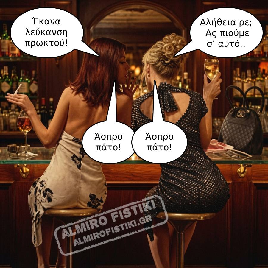 Δύο γυναίκες σε μπαρ συζητούν για λεύκανση πρωκτού, αναφωνώντας χιουμοριστικά «άσπρο πάτο» με διπλή σημασία.