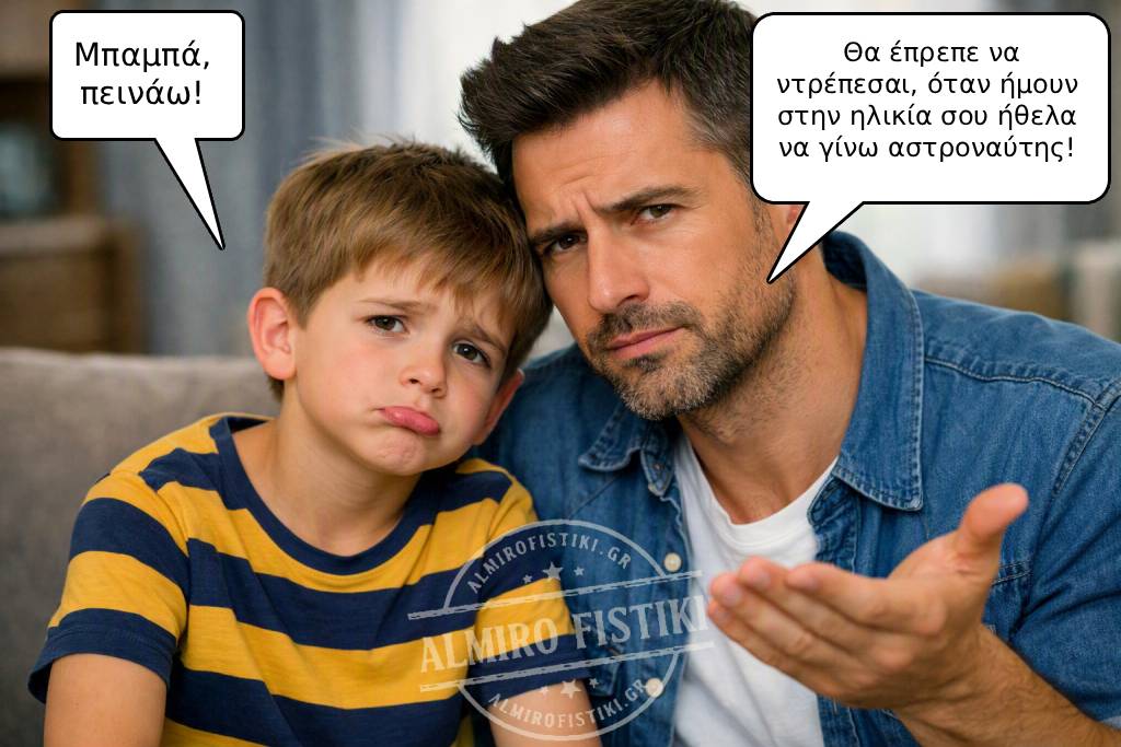Ένας πατέρας απαντά ειρωνικά στο πεινασμένο παιδί του, θυμίζοντας την «υψηλή» του φιλοδοξία για να αποφύγει να του δώσει να φάει.