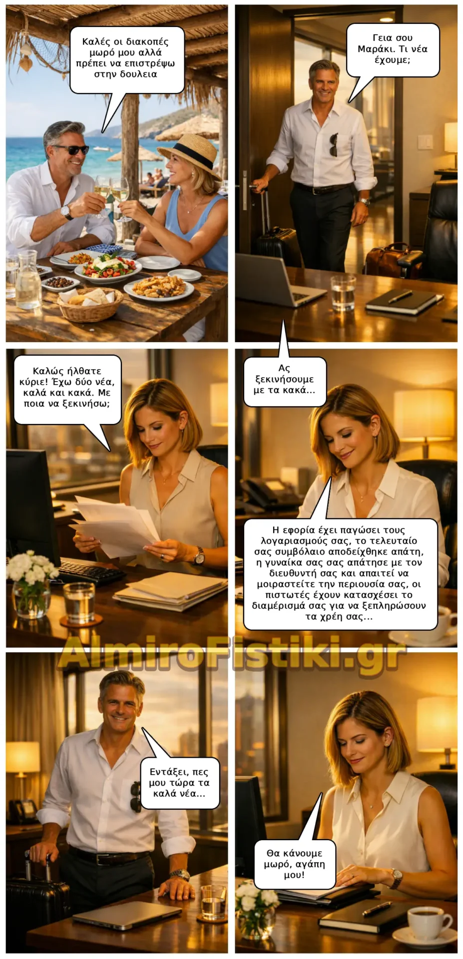 Ένα κόμικ όπου μια γραμματέας ανακοινώνει καταστροφικά νέα στον εργοδότη της, αποκαλύπτοντας στο τέλος πως...