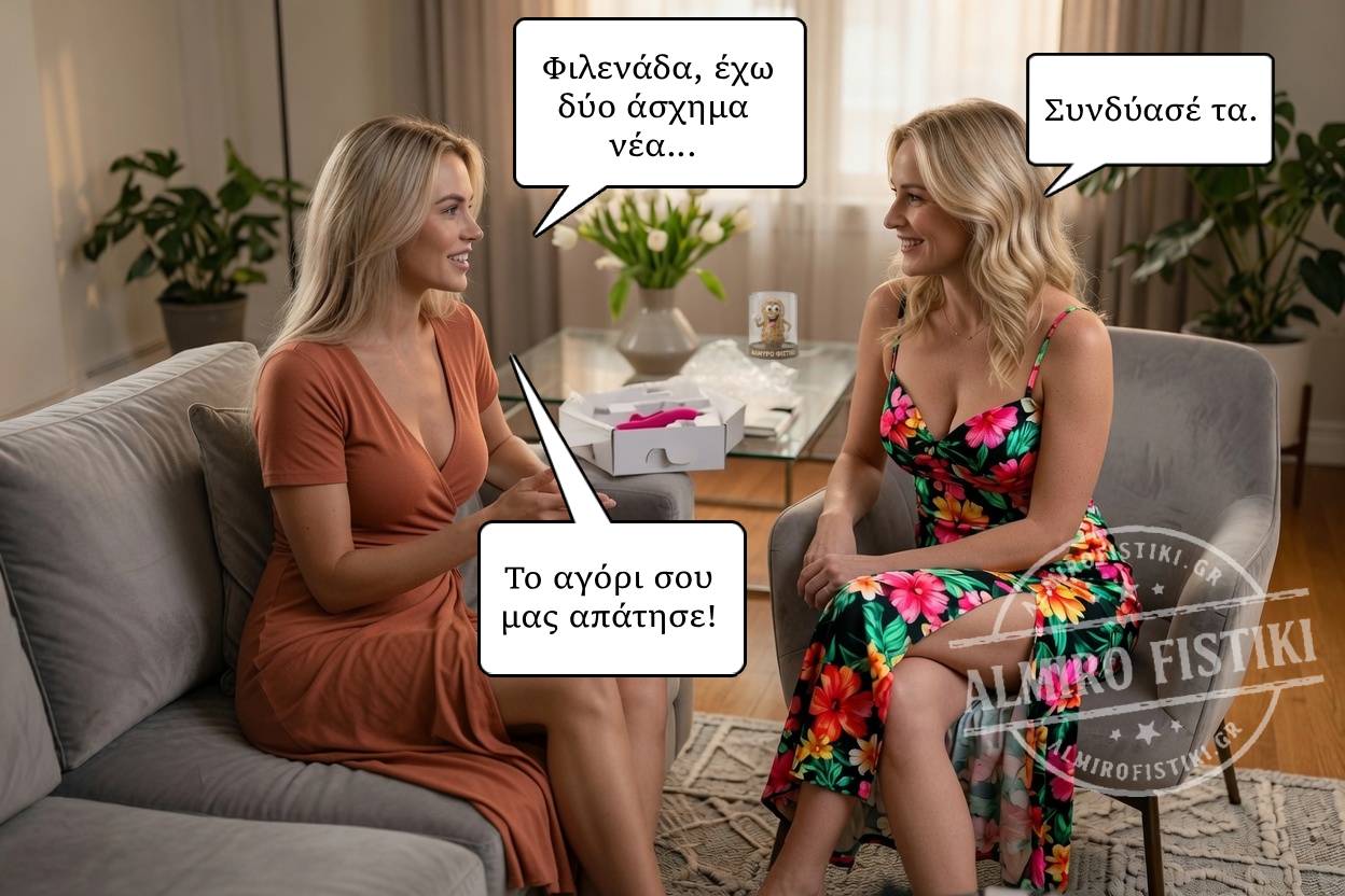 Δύο φίλες συζητούν στο σαλόνι, με την αποκάλυψη της απιστίας να μετατρέπεται σε μια απροσδόκητα κυνική συμβουλή για "συνδυασμό".