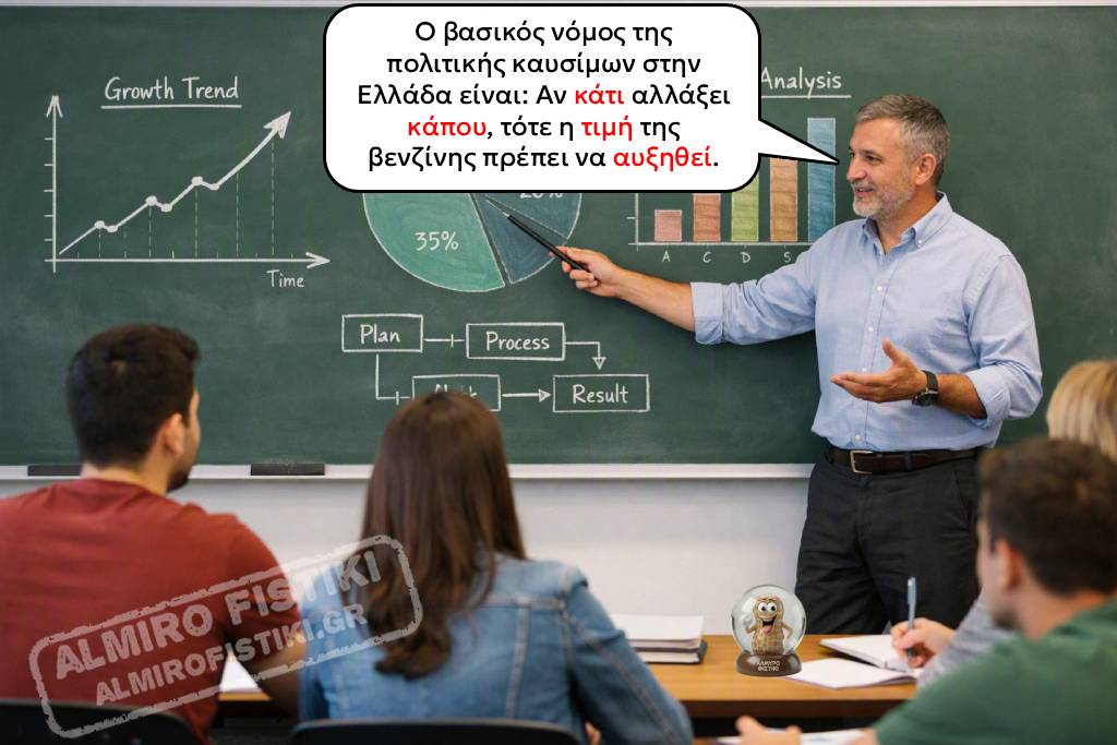 Ένας καθηγητής εξηγεί στους μαθητές τον «νόμο» της ελληνικής αγοράς καυσίμων: ό,τι κι αν συμβεί στον κόσμο, η τιμή της βενζίνης πάντα ανεβαίνει.