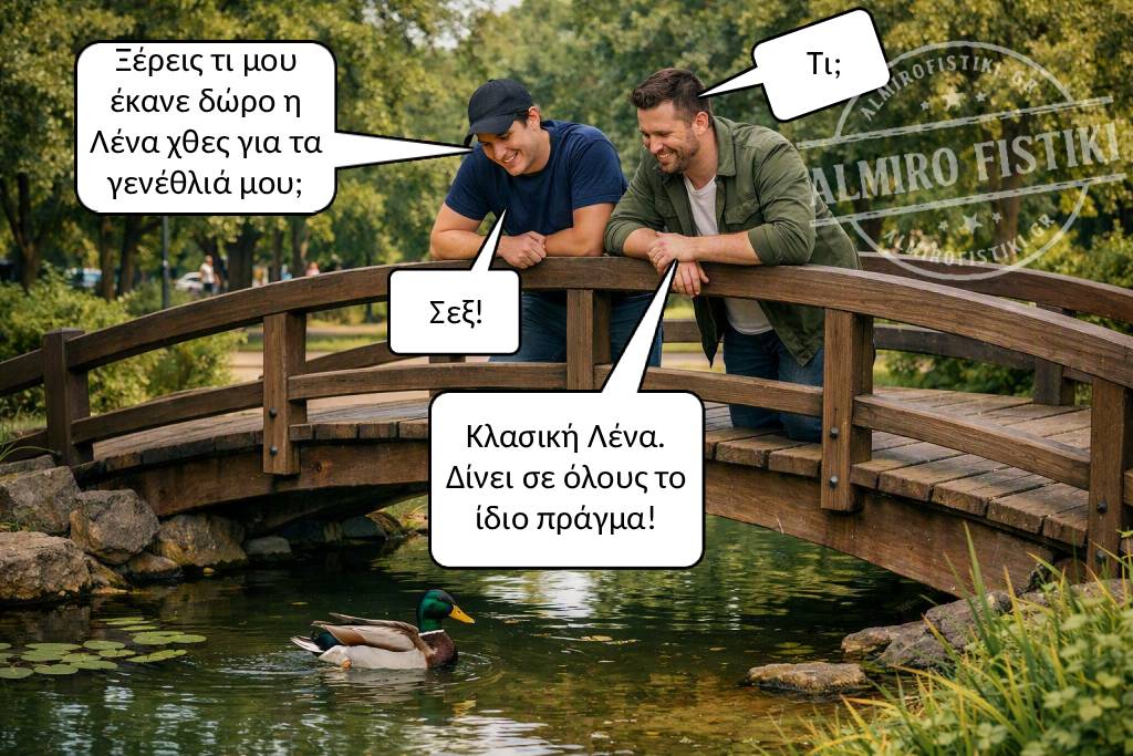 Δύο φίλοι συζητούν σε μια γέφυρα, με τον έναν να αποκαλύπτει με χιούμορ το ιδιαίτερο δώρο γενεθλίων που του έκανε η Λένα.