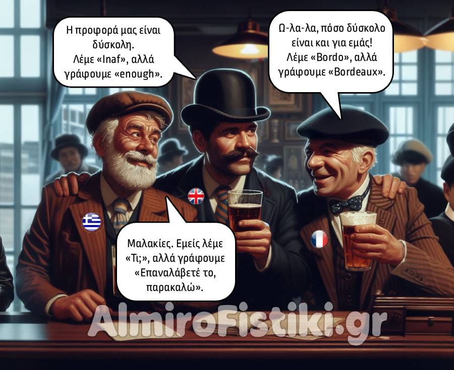 Ένας Άγγλος, ένας Γάλλος και ένας Έλληνας συζητούν για τις ιδιαιτερότητες των γλωσσών τους, με τον Έλληνα να κλέβει την παράσταση.