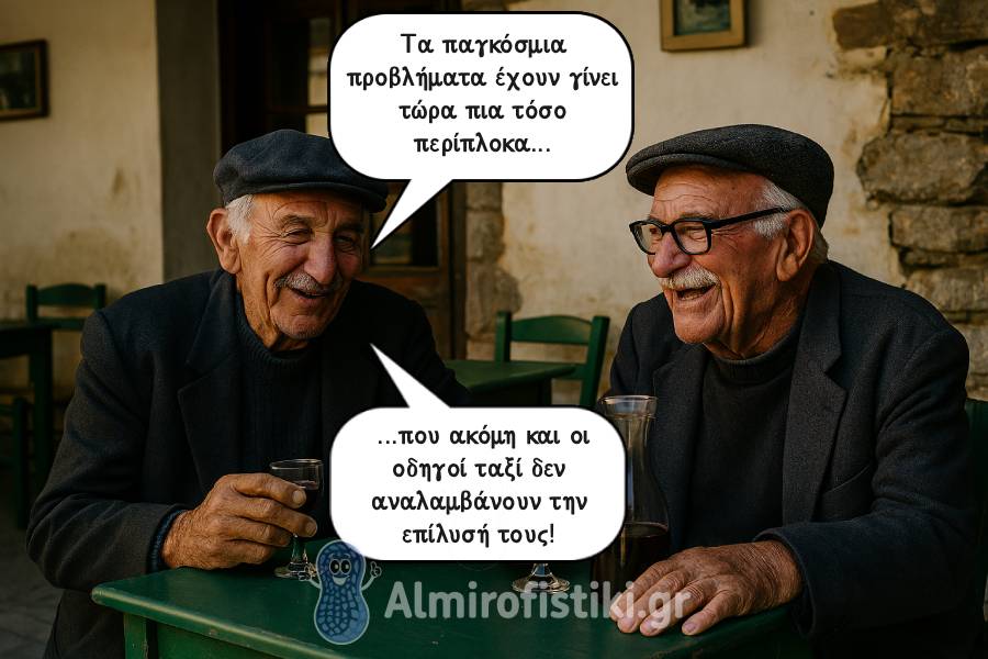 Δύο ηλικιωμένοι Έλληνες συζητούν σε καφενείο, αστειευόμενοι για το γεγονός ότι ούτε οι οδηγοί ταξί δεν λύνουν πια τα παγκόσμια προβλήματα.