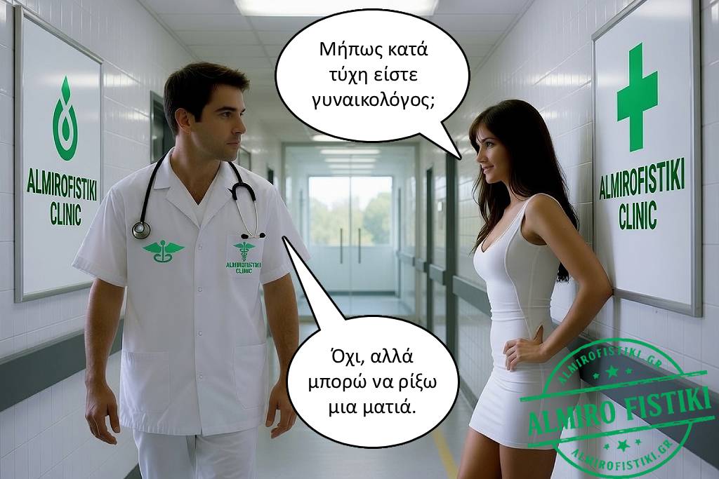 Ένας γιατρός σε διάδρομο κλινικής απαντά με πονηρό ύφος στην ερώτηση μιας γυναίκας αν είναι γυναικολόγος, προσφέροντας να «ρίξει μια ματιά».