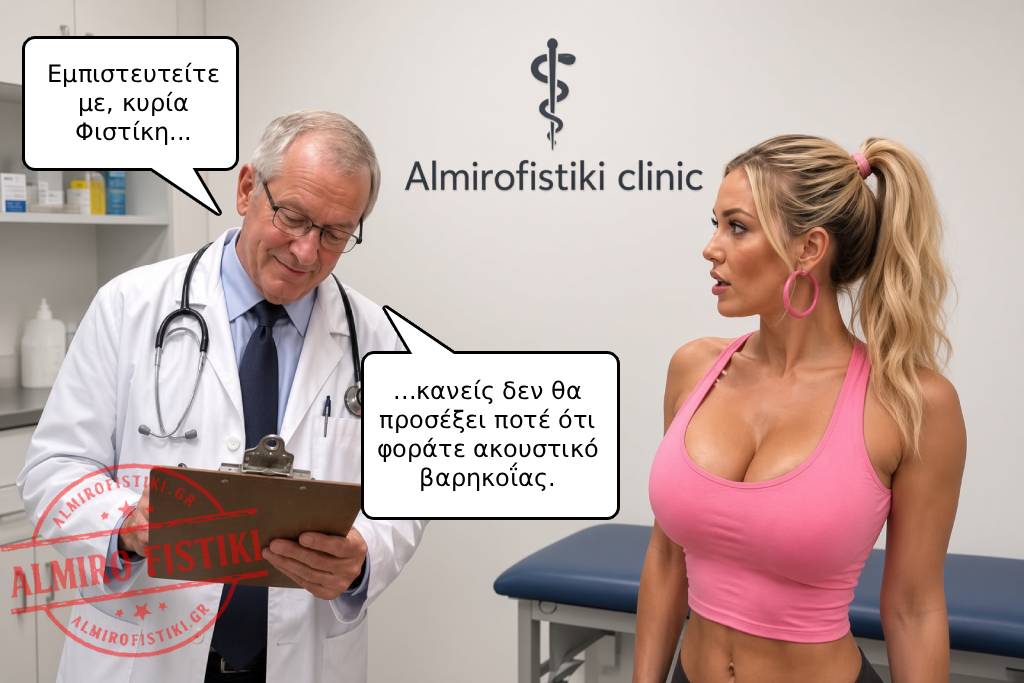 Ένας γιατρός διαβεβαιώνει μια εντυπωσιακή γυναίκα ότι το ακουστικό της είναι αόρατο, ενώ η προσοχή όλων είναι στραμμένη αλλού.