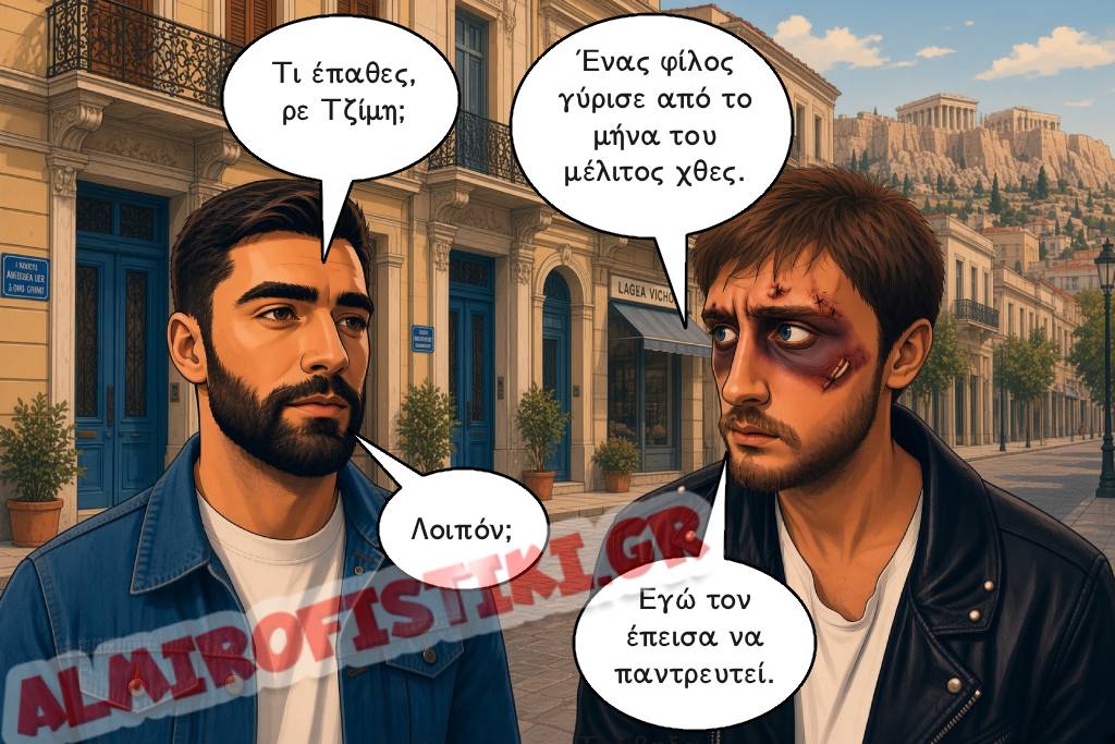 Δύο φίλοι συζητούν, με τον έναν να είναι γεμάτος μώλωπες επειδή έπεισε τον φίλο του να παντρευτεί.