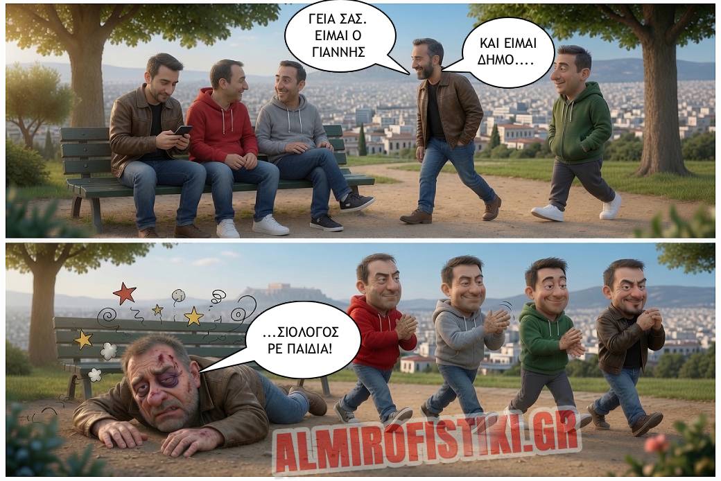 Ένα αστείο κόμικ όπου ένας άντρας τρώει ξύλο επειδή παρεξηγήθηκε η επαγγελματική του ιδιότητα ως «δημοσιολόγος».