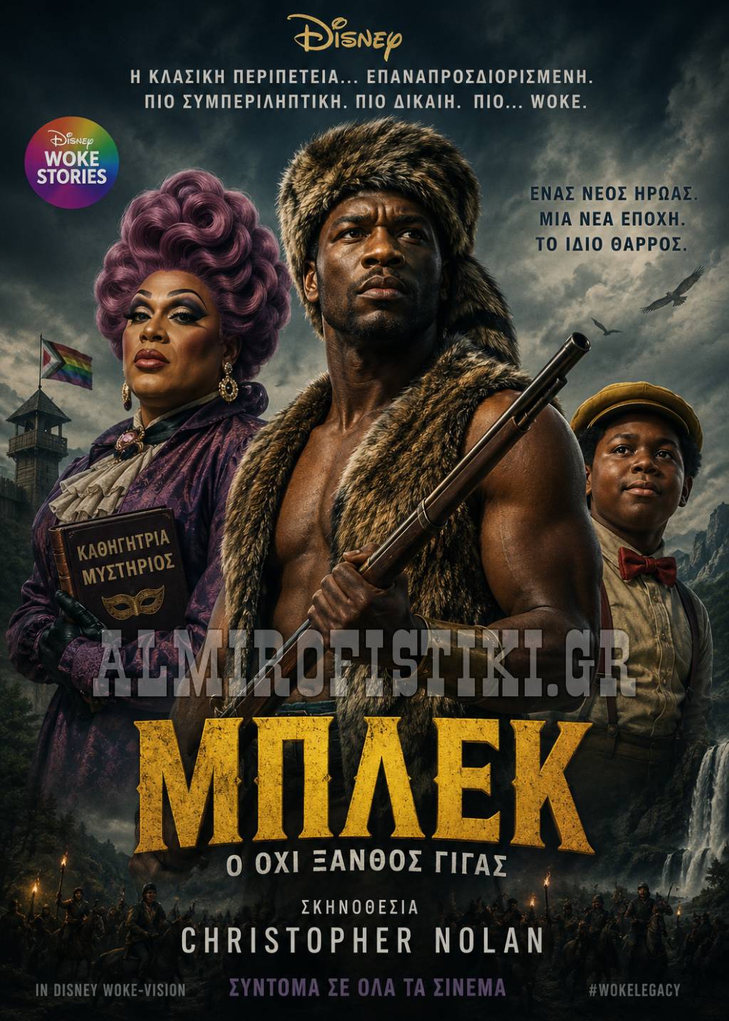 Χιουμοριστική αφίσα «Disney Woke Stories» που παρουσιάζει μια παρωδία του Μπλεκ ως σύγχρονο κοινωνικό σχόλιο.