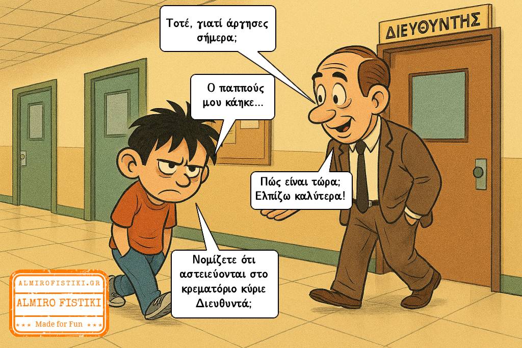 Ένας μαθητής εξηγεί στον διευθυντή ότι άργησε λόγω του θανάτου του παππού του, προκαλώντας μια μαύρη παρεξήγηση για το κρεματόριο.