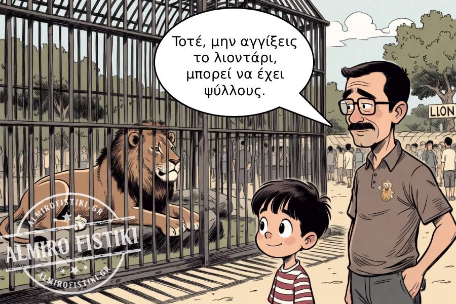 Ένας πατέρας προειδοποιεί το παιδί του να μην αγγίξει το λιοντάρι, δίνοντας έμφαση στους ψύλλους αντί για τον προφανή κίνδυνο.