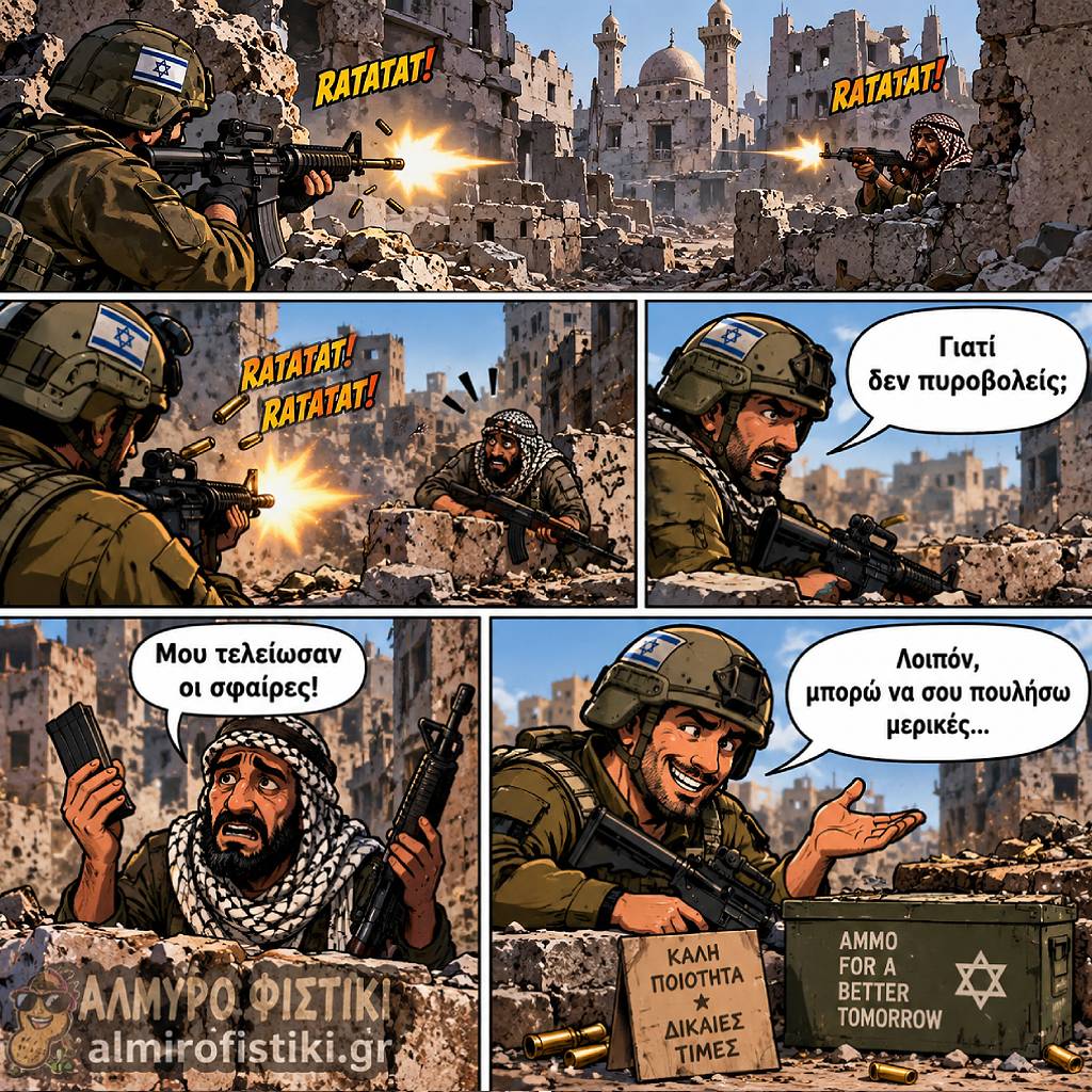 Ένας στρατιώτης προσφέρει ειρωνικά πυρομαχικά στον αντίπαλό του που ξέμεινε, μετατρέποντας τον πόλεμο σε πεδίο αγοραπωλησίας.