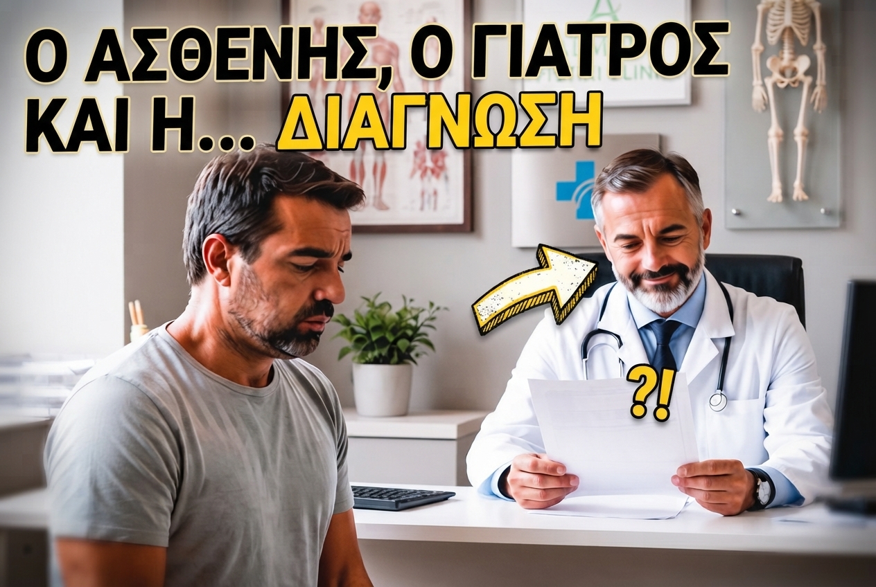 Ένας ασθενής σε απόγνωση απέναντι σε έναν γιατρό που κοιτάζει με αμήχανο χαμόγελο μια διάγνωση-γρίφο που κρύβει εκπλήξεις.