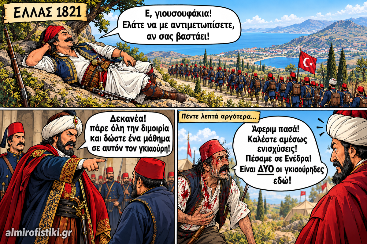 Ένας οπλισμένος Έλληνας αγωνιστής προκαλεί μια οθωμανική διμοιρία, αλλά το αποτέλεσμα είναι μια ξεκαρδιστική ανατροπή.