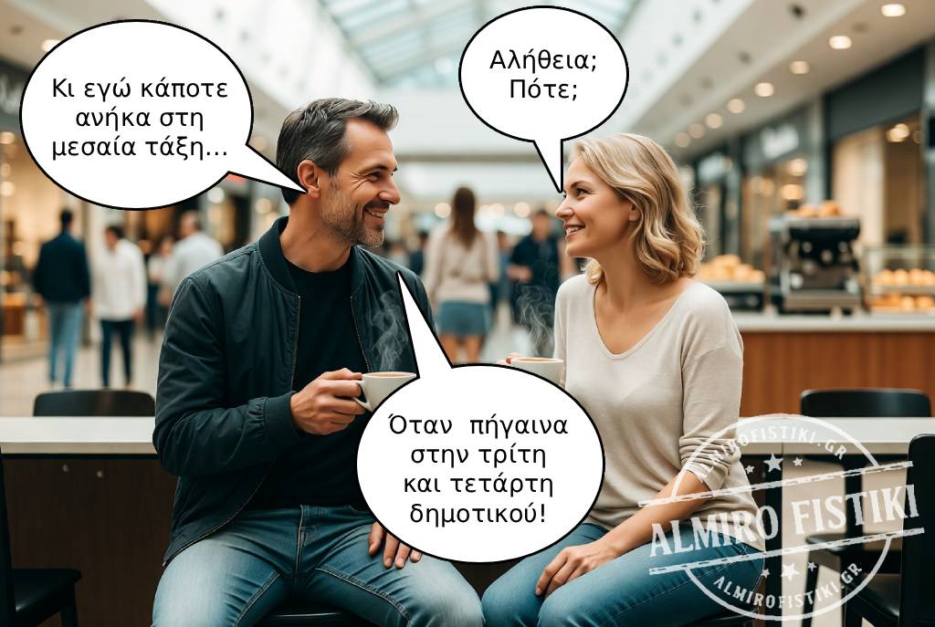 Ένα ζευγάρι συζητά σε καφετέρια, με τον άντρα να αστειεύεται ότι ανήκε στη μεσαία τάξη μόνο όταν πήγαινε στις τάξεις του δημοτικού.