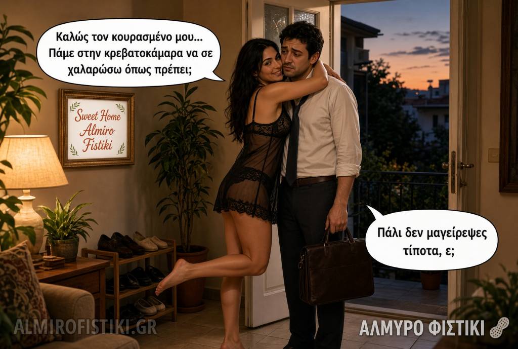 Μια γυναίκα υποδέχεται τον κουρασμένο άντρα της με διάθεση για χαλάρωση, αλλά εκείνος ανησυχεί μόνο για το άδειο στομάχι του.