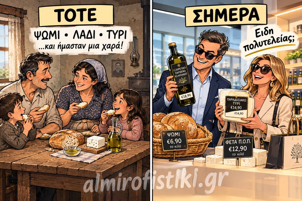 Σύγκριση δύο εποχών: μια φτωχική αλλά ευτυχισμένη οικογένεια με τα βασικά, απέναντι σε ένα ζευγάρι που αντιμετωπίζει το ψωμί και το λάδι ως ακριβή πολυτέλεια.