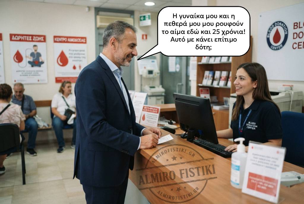 Ένας άνδρας σε κέντρο αιμοδοσίας ρωτάει αν θεωρείται επίτιμος δότης, αφού η γυναίκα και η πεθερά του τού «ρουφούν» το αίμα εδώ και 25 χρόνια.