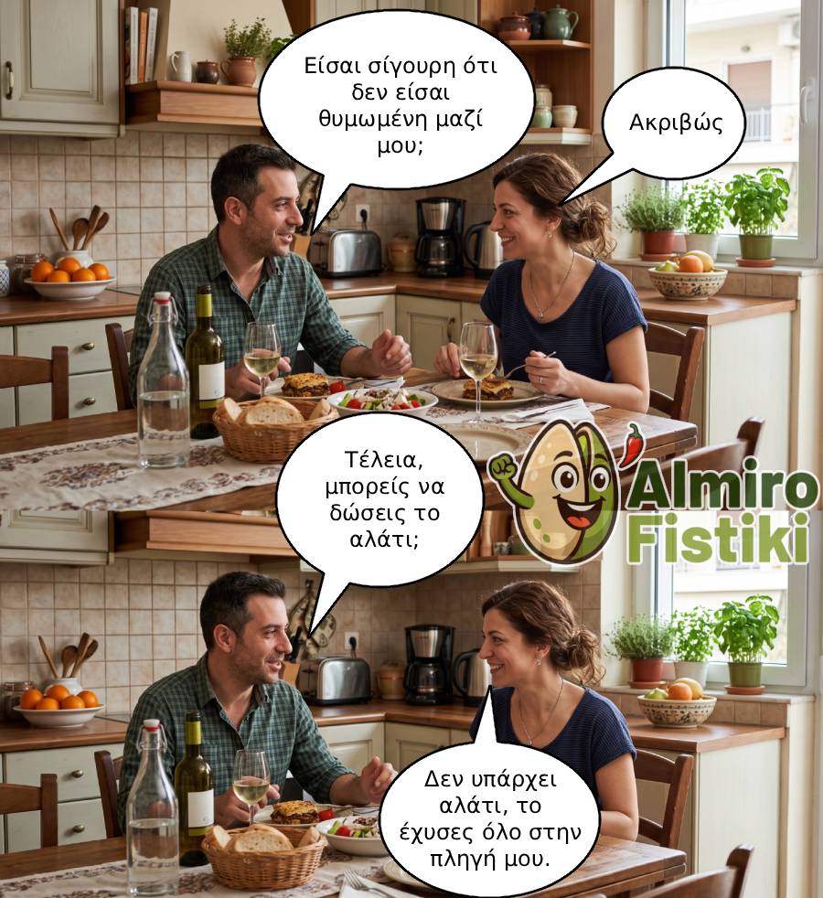 Ένα ζευγάρι σε μια παρεξηγημένη στιγμή στο δείπνο, όπου το αλάτι γίνεται η αφορμή για μια καυστική ατάκα πάνω σε μια ανοιχτή πληγή.
