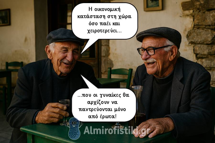 Δύο ηλικιωμένοι άντρες πίνουν κρασί και αστειεύονται κυνικά για το πώς η φτώχεια θα αναγκάσει τις γυναίκες να παντρεύονται μόνο από έρωτα.