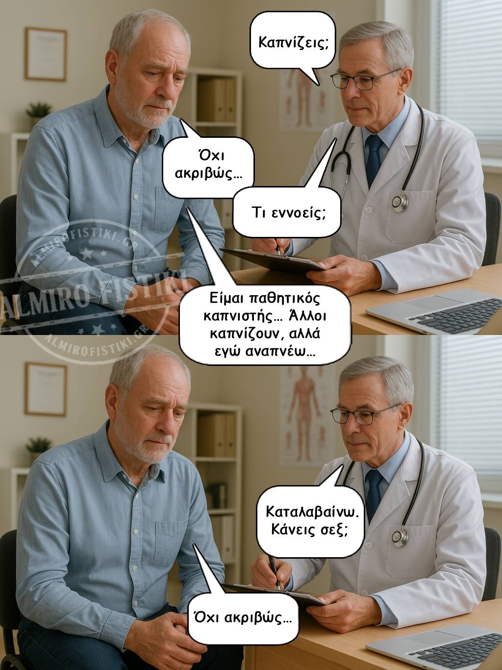 Ένα κόμικ όπου ένας ασθενής εξηγεί στον γιατρό του ότι είναι «παθητικός» στον έρωτα με τον ίδιο τρόπο που είναι παθητικός καπνιστής.