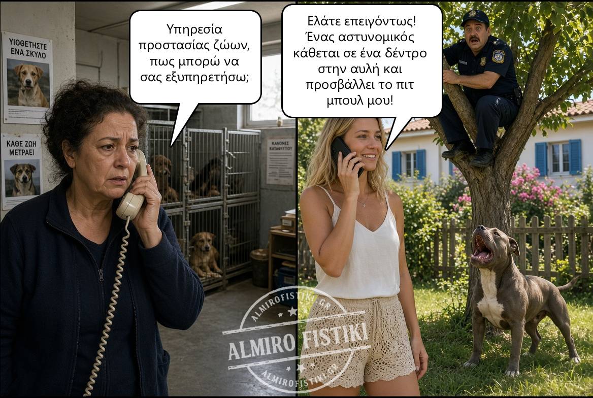 Μια γυναίκα καλεί την προστασία ζώων επειδή ένας αστυνομικός στο δέντρο βρίζει το πιτ μπουλ της, αντιστρέφοντας τους ρόλους θύματος και θύτη.