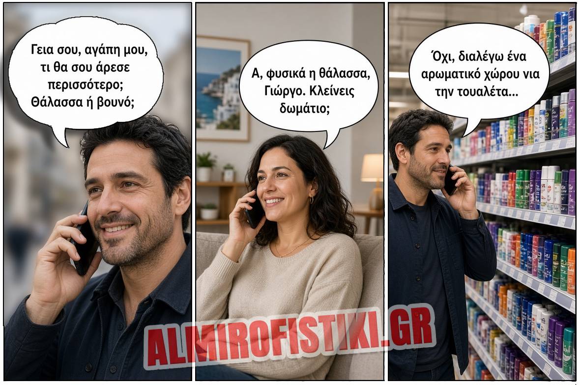 Κωμικό κόμικ όπου μια παρεξήγηση για διακοπές στη θάλασσα καταλήγει στην επιλογή αρωματικού για την τουαλέτα.