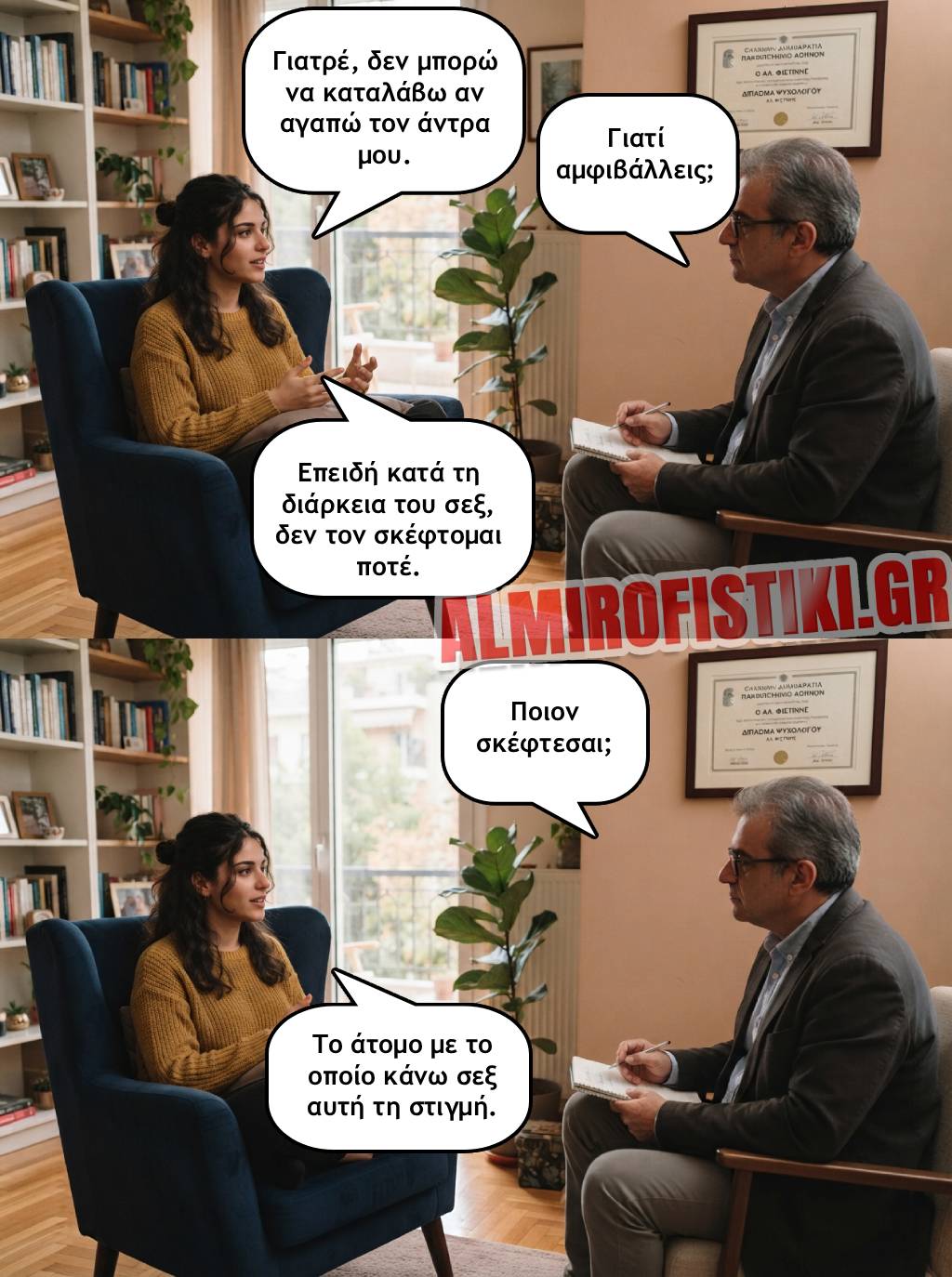 Μια ασθενής εξομολογείται στον ψυχολόγο της ότι κατά το σεξ σκέφτεται μόνο το άτομο με το οποίο συνευρίσκεται, υπονοώντας την απιστία της.