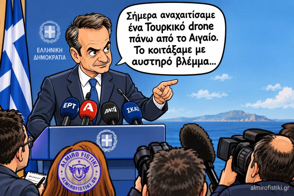 Ο Κυριάκος Μητσοτάκης σε συνέντευξη τύπου ανακοινώνει την «αυστηρή» αντιμετώπιση τουρκικού drone.