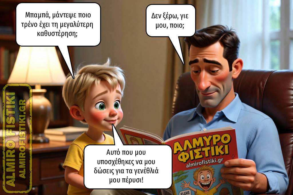 Ένα παιδί ρωτάει τον μπαμπά του ποιο τρένο καθυστερεί περισσότερο, αναφερόμενο στο δώρο γενεθλίων που δεν πήρε ποτέ.