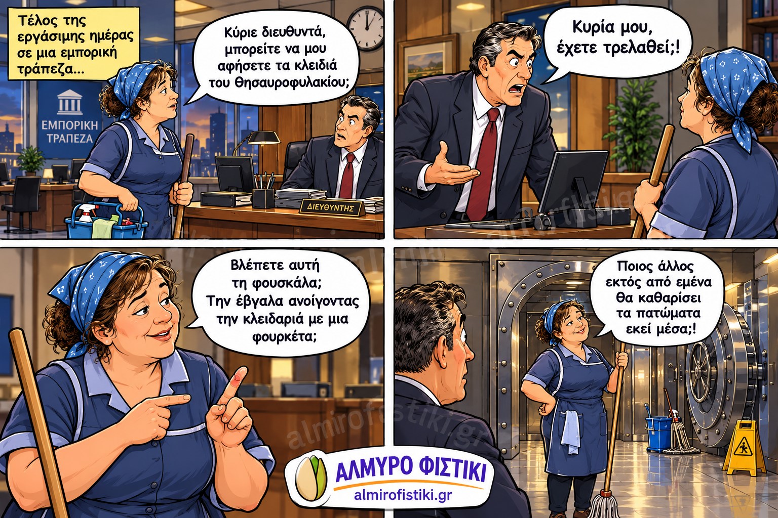 Καθαρίστρια τράπεζας ζητά κλειδιά θησαυροφυλακίου — όχι για ληστεία, αλλά για σφουγγάρισμα!