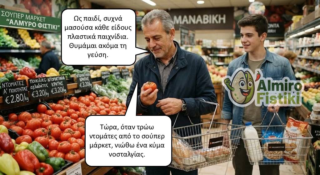 Άντρας στο σούπερ μάρκετ μυρίζει ντομάτα με νοσταλγία — για τη γεύση των πλαστικών παιχνιδιών της παιδικής του ηλικίας.