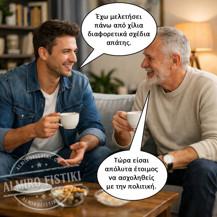 Δύο άντρες πίνουν καφέ: ο ένας ξέρει 1000 σχέδια απάτης — ο άλλος τον στέλνει στην πολιτική!