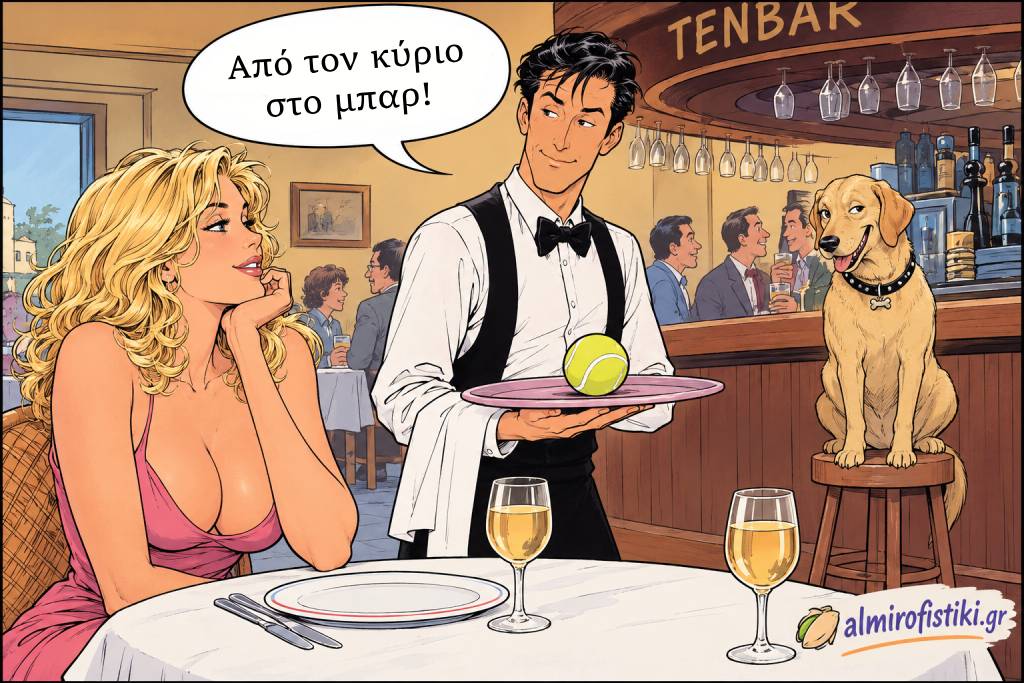Γκαρσόν σερβίρει μπαλάκι τένις σε ξανθιά από τον «κύριο στο μπαρ» — που αποδεικνύεται σκύλος Λαμπραντόρ!