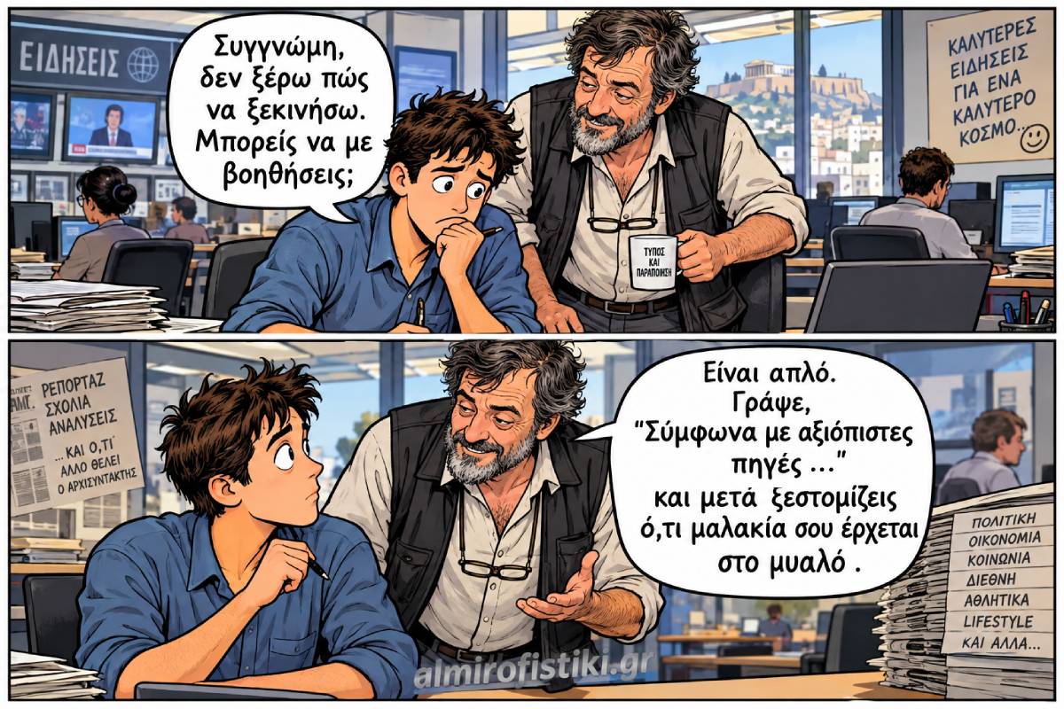 Έμπειρος δημοσιογράφος αποκαλύπτει στον νέο συνάδελφο το μυστικό της «αξιόπιστης» δημοσιογραφίας.