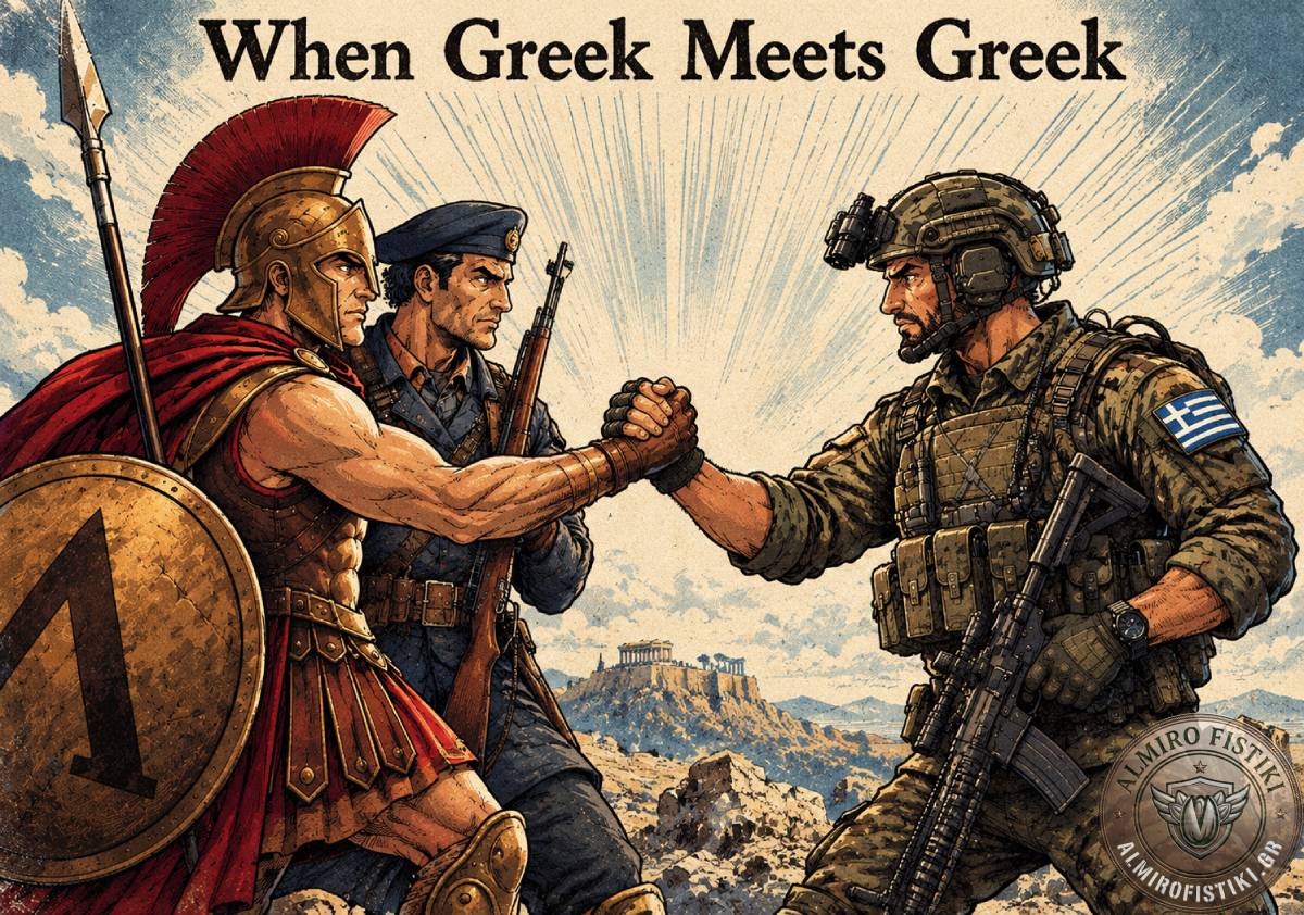 Σπαρτιάτης και στρατιώτης του '40 και σύγχρονος στρατιώτης σφίγγουν χέρι — ο Έλληνας πάντα έτοιμος για μάχη, ανεξαρτήτως εποχής!